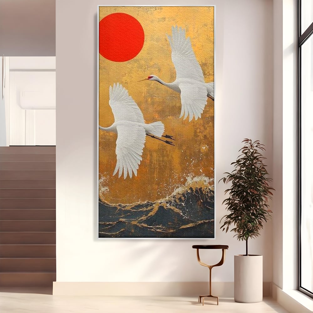 Tablou canvas cu tablou canvas cu doi cocori, in rama de aluminiu argintiu